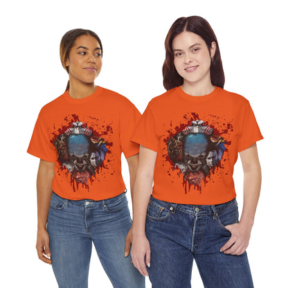 Halloween; Classic Horror Characters with Pennywise and Blood Splatter -- Unisex
