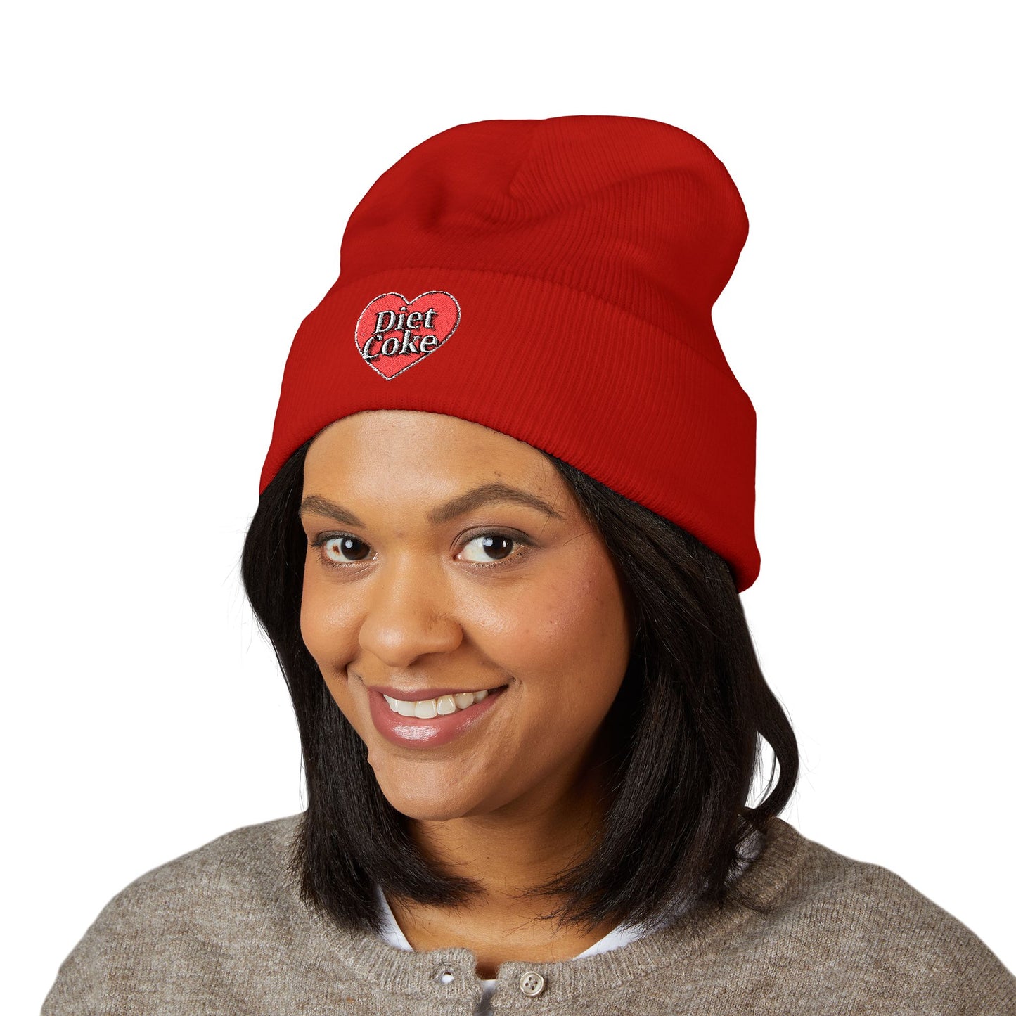"Diet Coke" Heart Embroidered Cuffed Beanie — Classic Script Winter Hat