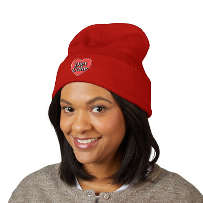 "Diet Coke" Heart Embroidered Cuffed Beanie — Classic Script Winter Hat