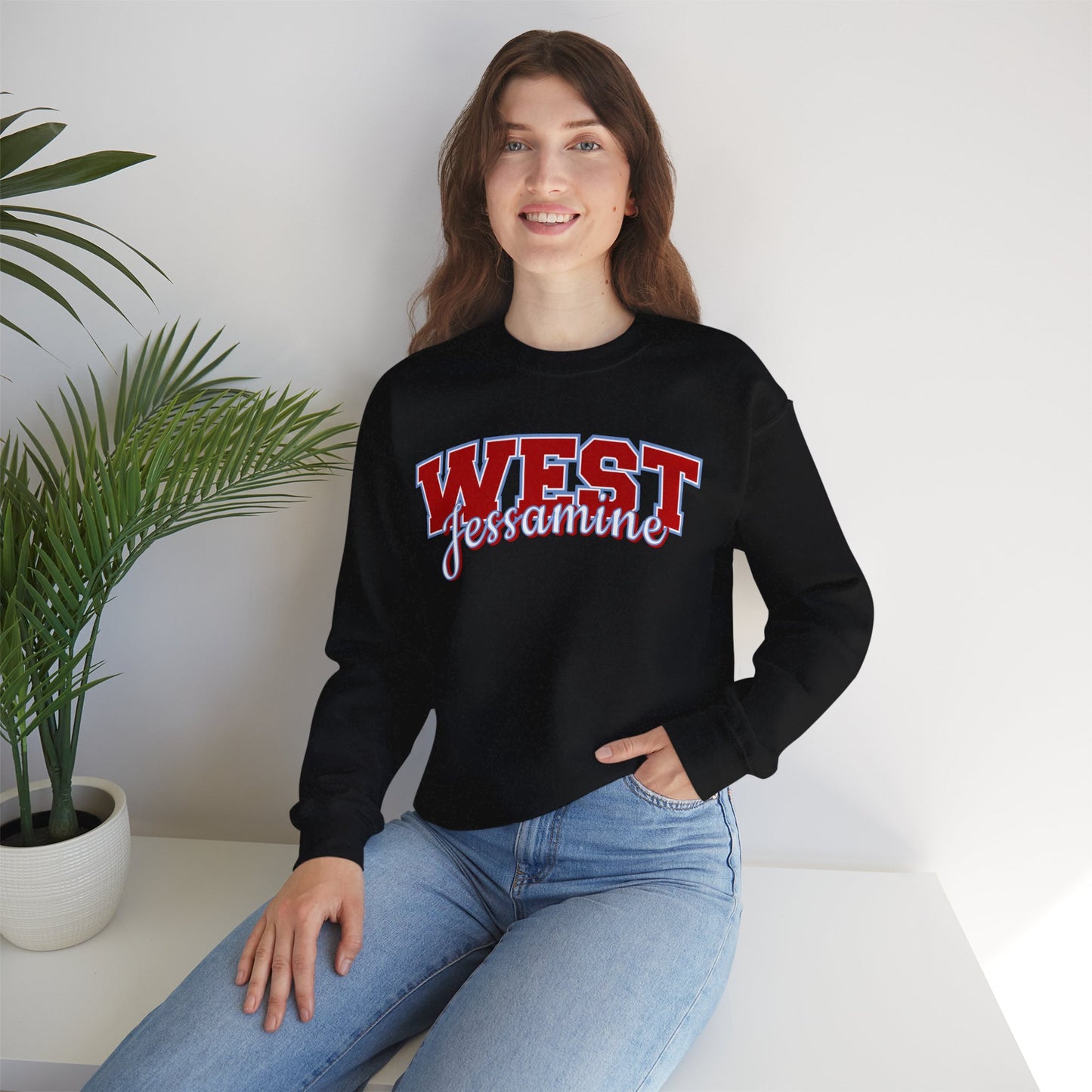 West Jessamine Cheer Crewneck Sweatshirt — Back ‘West Jessamine Cheer’ with Horse Logo - Unisex