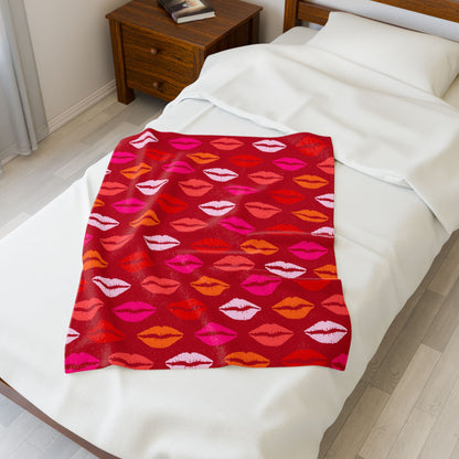 Velveteen Plush Blanket — Sunset Lips Pattern (Hot Pink & Orange)