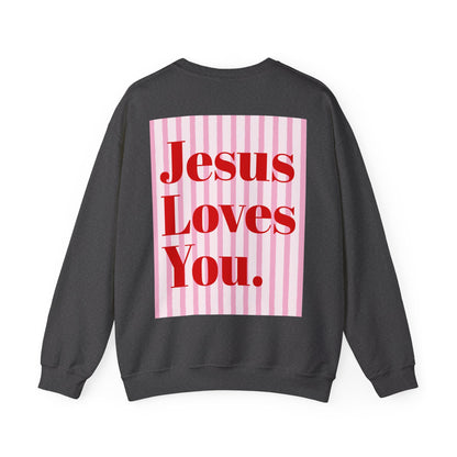 Faith Crewneck Sweatshirt — "Jesus Loves You" Pink & Red Bows - Front & Back