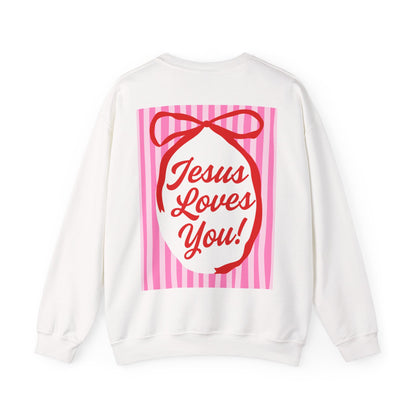 Faith Crewneck Sweatshirt — "Jesus Loves You" Pink & Red Stripes & Bows - Front & Back