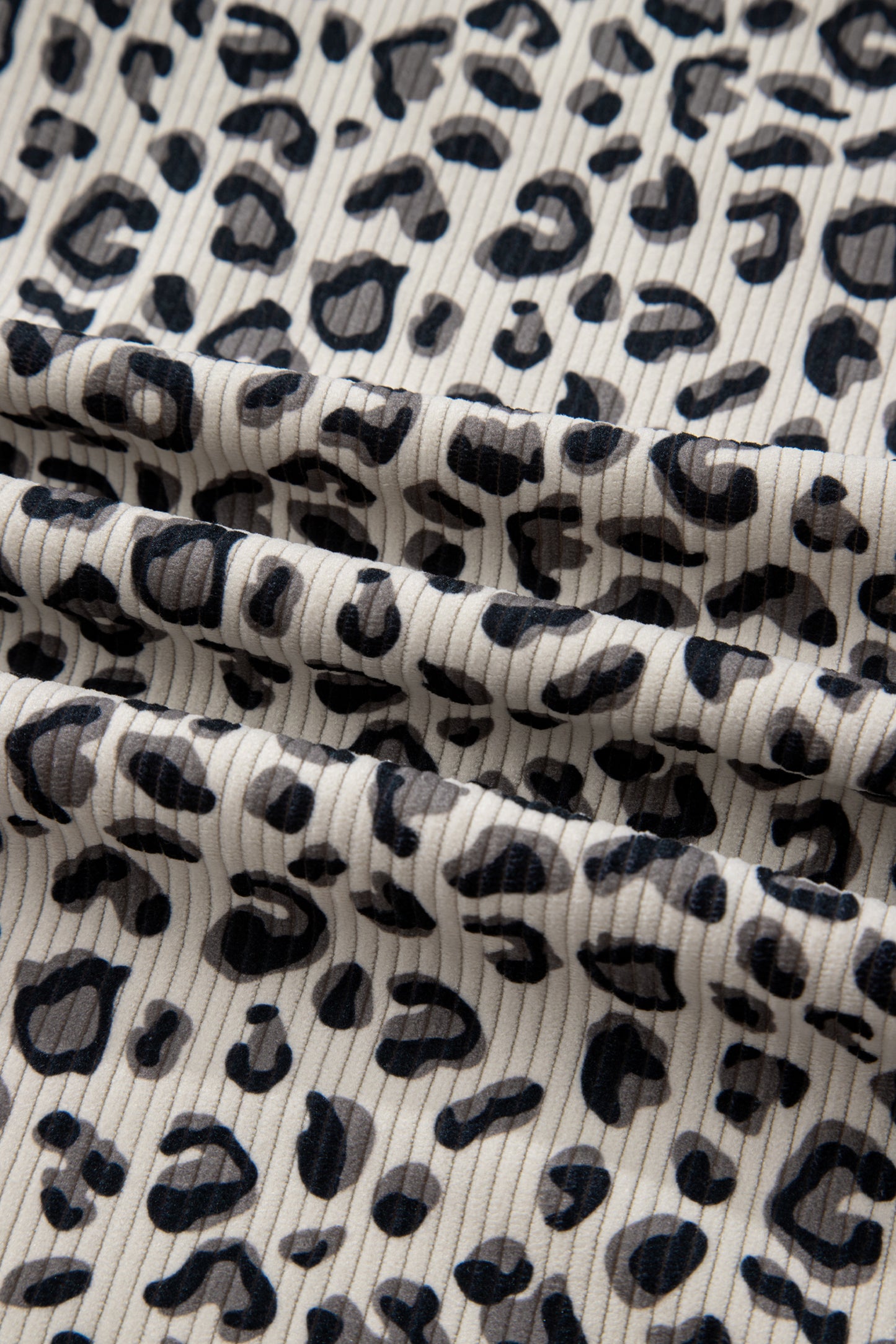Beige Leopard Print Quarter Zip Corduroy Sweatshirt