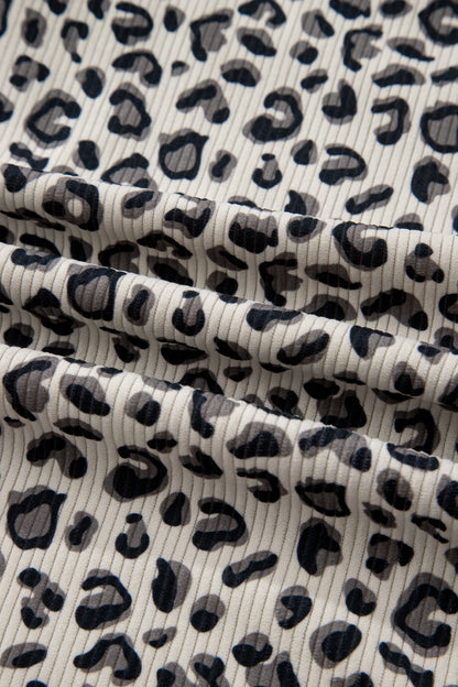 Beige Leopard Print Quarter Zip Corduroy Sweatshirt
