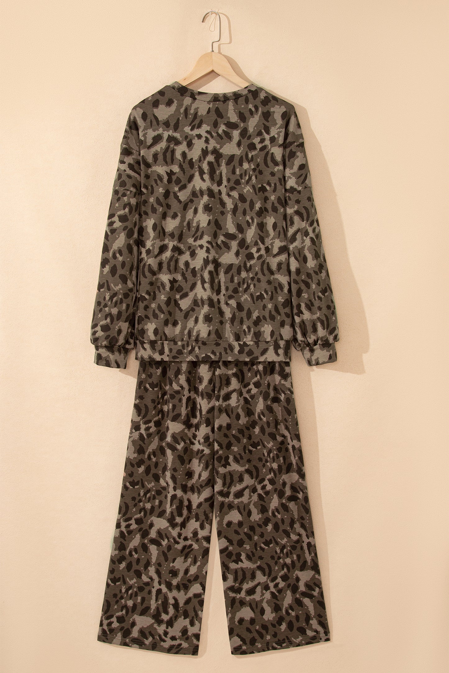 Brown Leopard Print Raw Seam Patchwork Pullover Drawstring Loose Pant Set