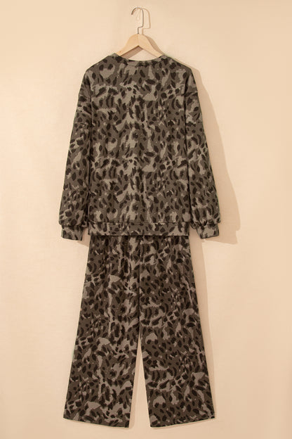 Brown Leopard Print Raw Seam Patchwork Pullover Drawstring Loose Pant Set