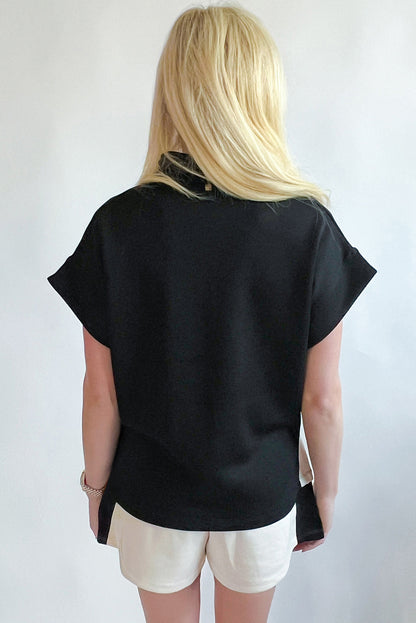 Black Contrast Zipped Stand Collared T Shirt and Short Set