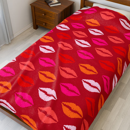 Velveteen Plush Blanket — Sunset Lips Pattern (Hot Pink & Orange)