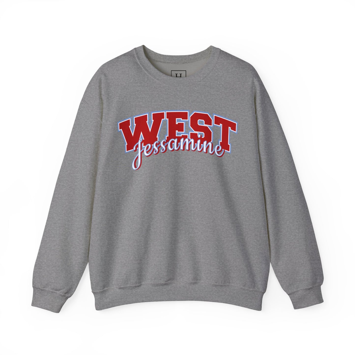 West Jessamine Cheer Crewneck Sweatshirt — Back ‘West Jessamine Cheer’ with Horse Logo - Unisex