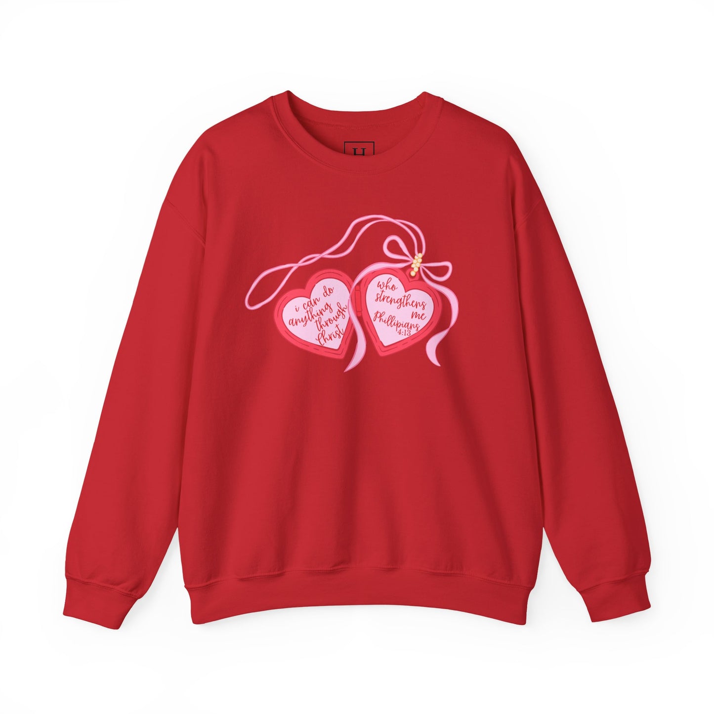 Faith Crewneck Sweatshirt — "I Can Do All Things Through Christ" Pink Heart Locket