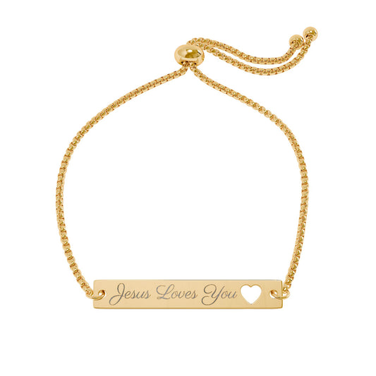 Jesus Loves You Engraved Heart Bar Bracelet — Adjustable Gold/Silver Personalized Gift