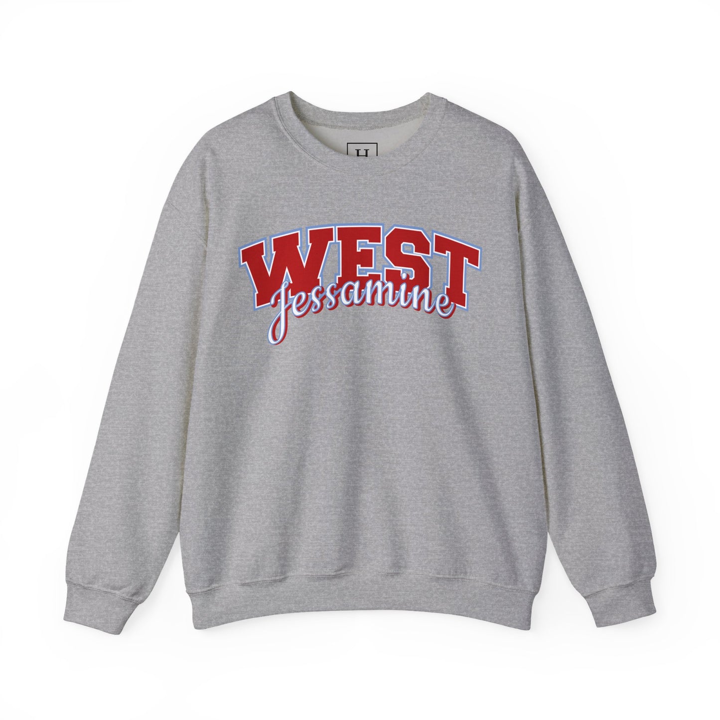 West Jessamine Cheer Crewneck Sweatshirt — Back ‘West Jessamine Cheer’ with Horse Logo - Unisex