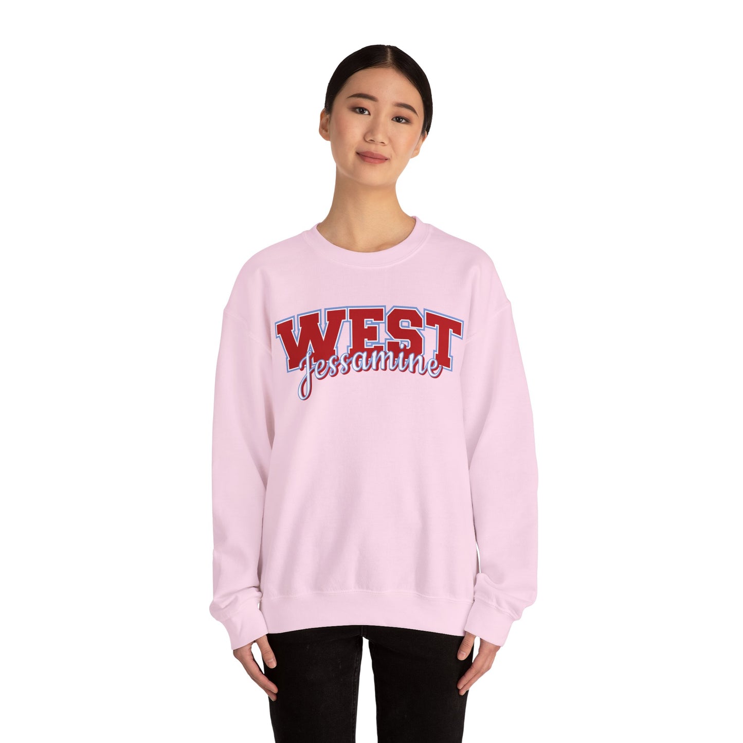 West Jessamine Cheer Crewneck Sweatshirt — Back ‘West Jessamine Cheer’ with Horse Logo - Unisex