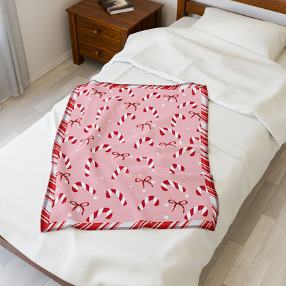 Candy Cane and Bow Pink Christmas Blanket