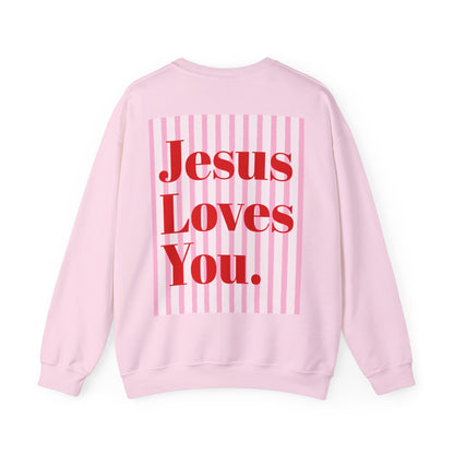 Faith Crewneck Sweatshirt — "Jesus Loves You" Pink & Red Bows - Front & Back