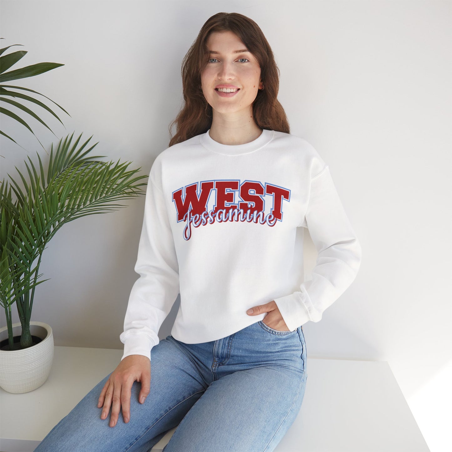 West Jessamine Cheer Crewneck Sweatshirt — Back ‘West Jessamine Cheer’ with Horse Logo - Unisex