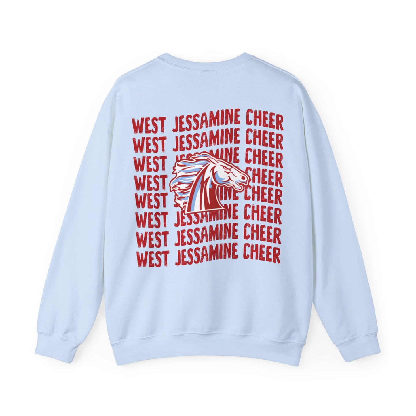 West Jessamine Cheer Crewneck Sweatshirt — Back ‘West Jessamine Cheer’ with Horse Logo - Unisex