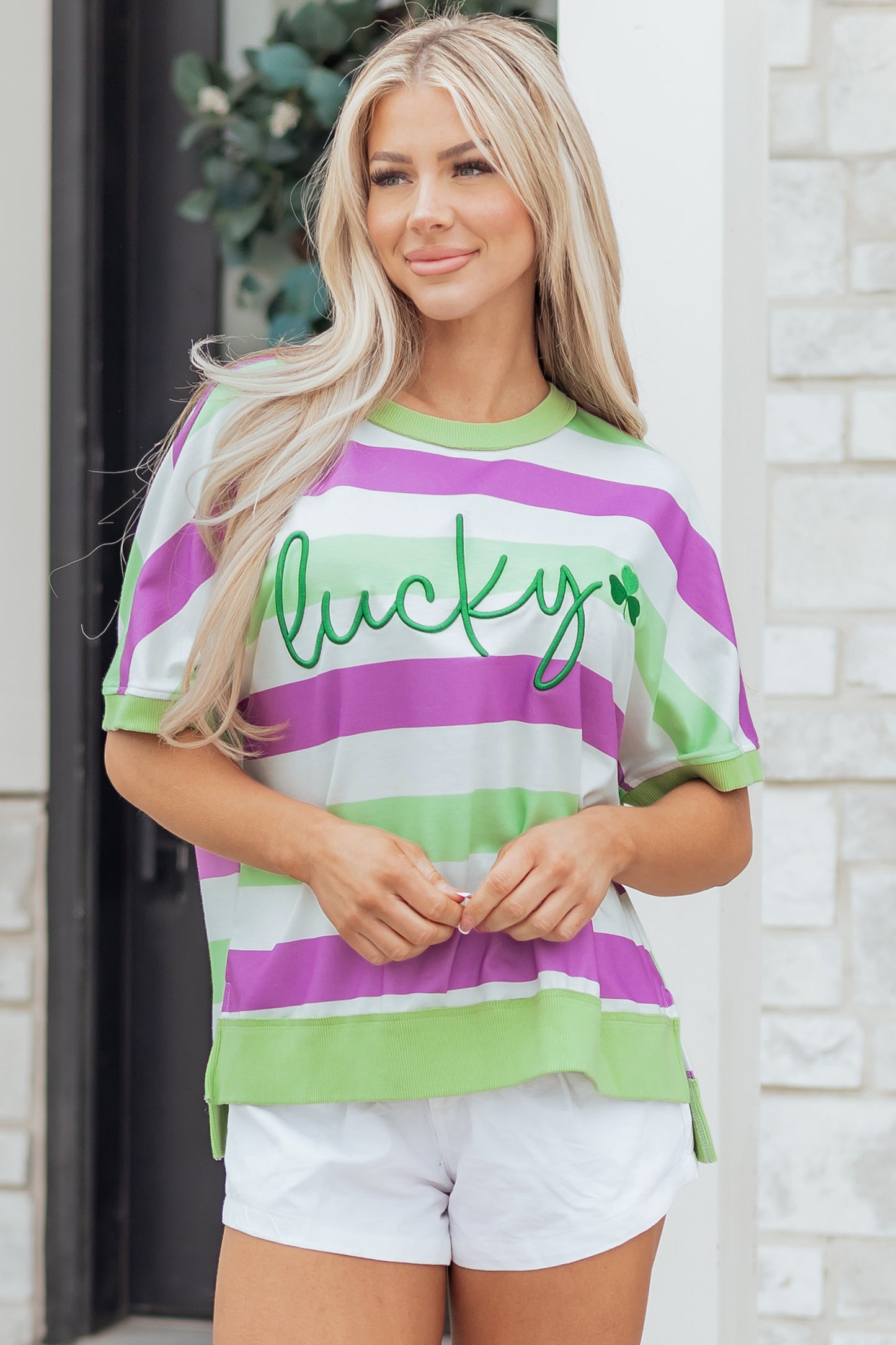 Green Stripe Lucky Clover Embroidered Graphic Dolman Loose Tee