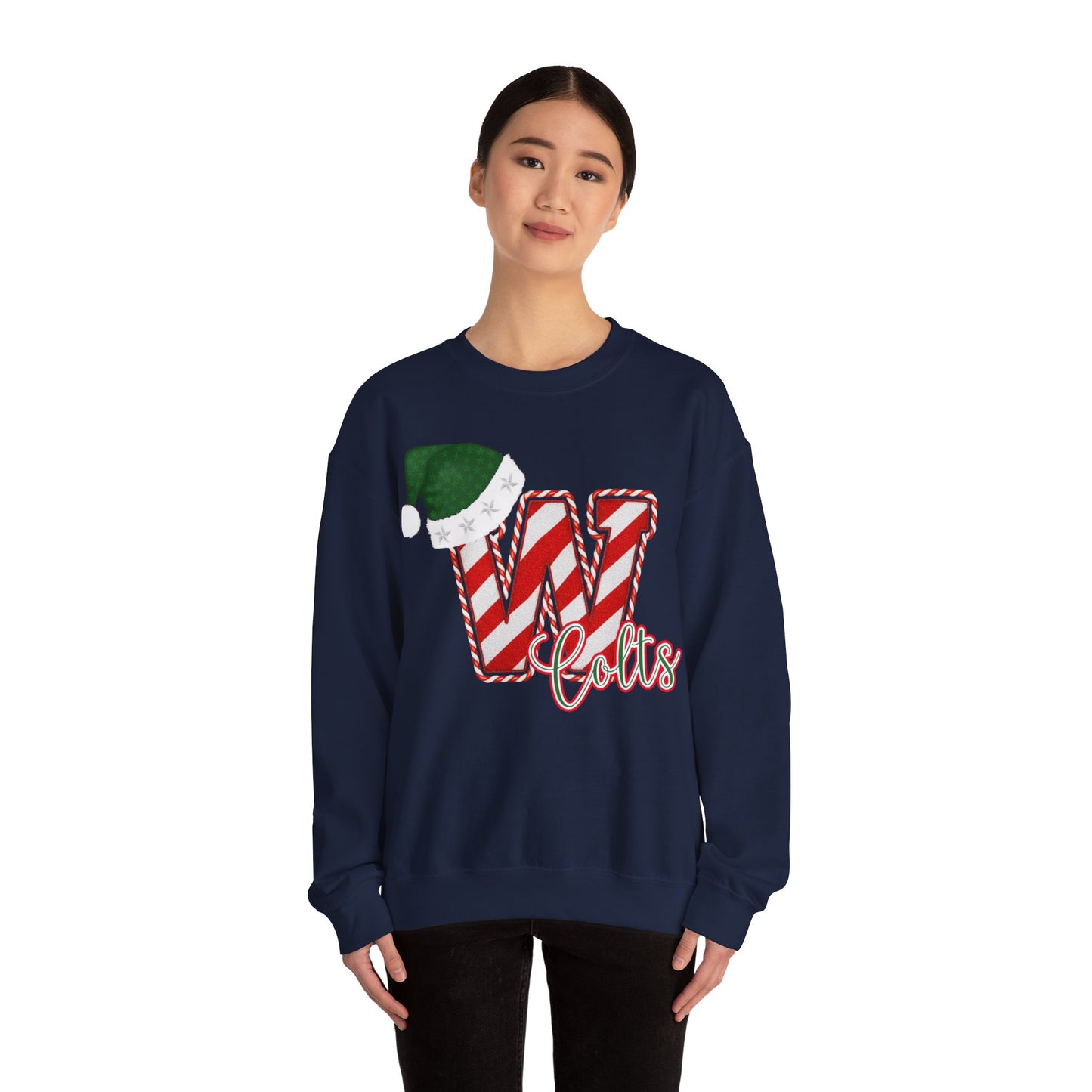 Candy Cane "W" with Green Santa Hat; Colts - Christmas Sweatshirt - Unisex