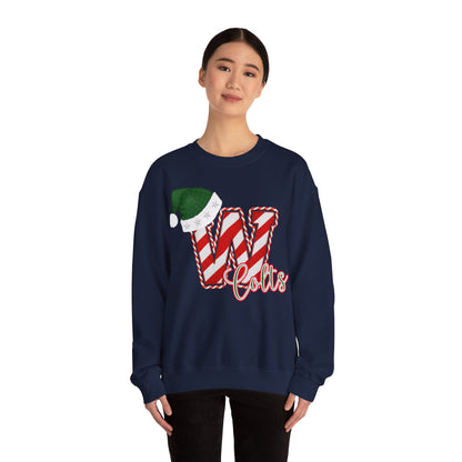 Candy Cane "W" with Green Santa Hat; Colts - Christmas Sweatshirt - Unisex