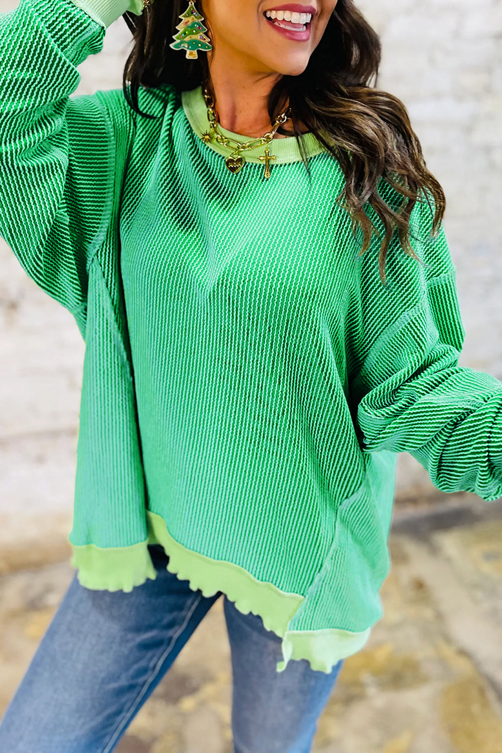Myosotis Twisted Rib Uneven Hem Drop Shoulder Loose Knit Top