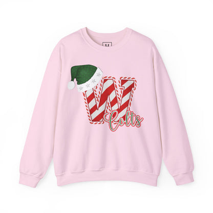 Candy Cane "W" with Green Santa Hat; Colts - Christmas Sweatshirt - Unisex