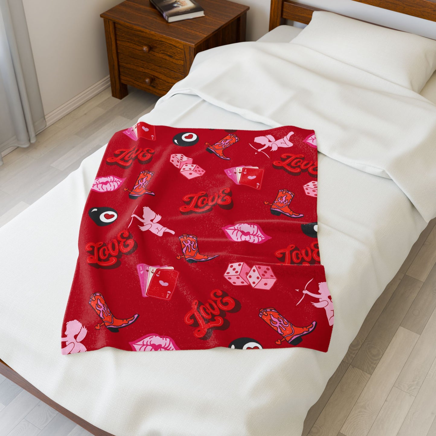 Valentine's Cowgirl Love Plush Blanket — Cupid, Cards & 8-Ball Design