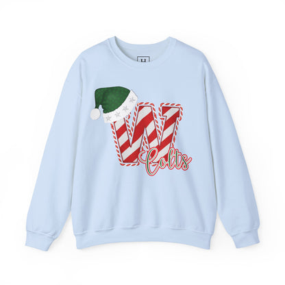 Candy Cane "W" with Green Santa Hat; Colts - Christmas Sweatshirt - Unisex
