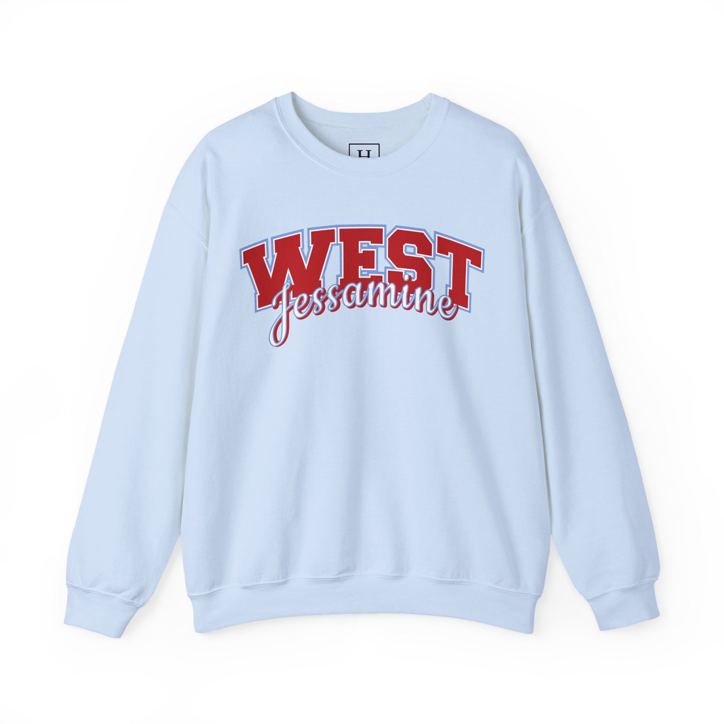 West Jessamine Cheer Crewneck Sweatshirt — Back ‘West Jessamine Cheer’ with Horse Logo - Unisex