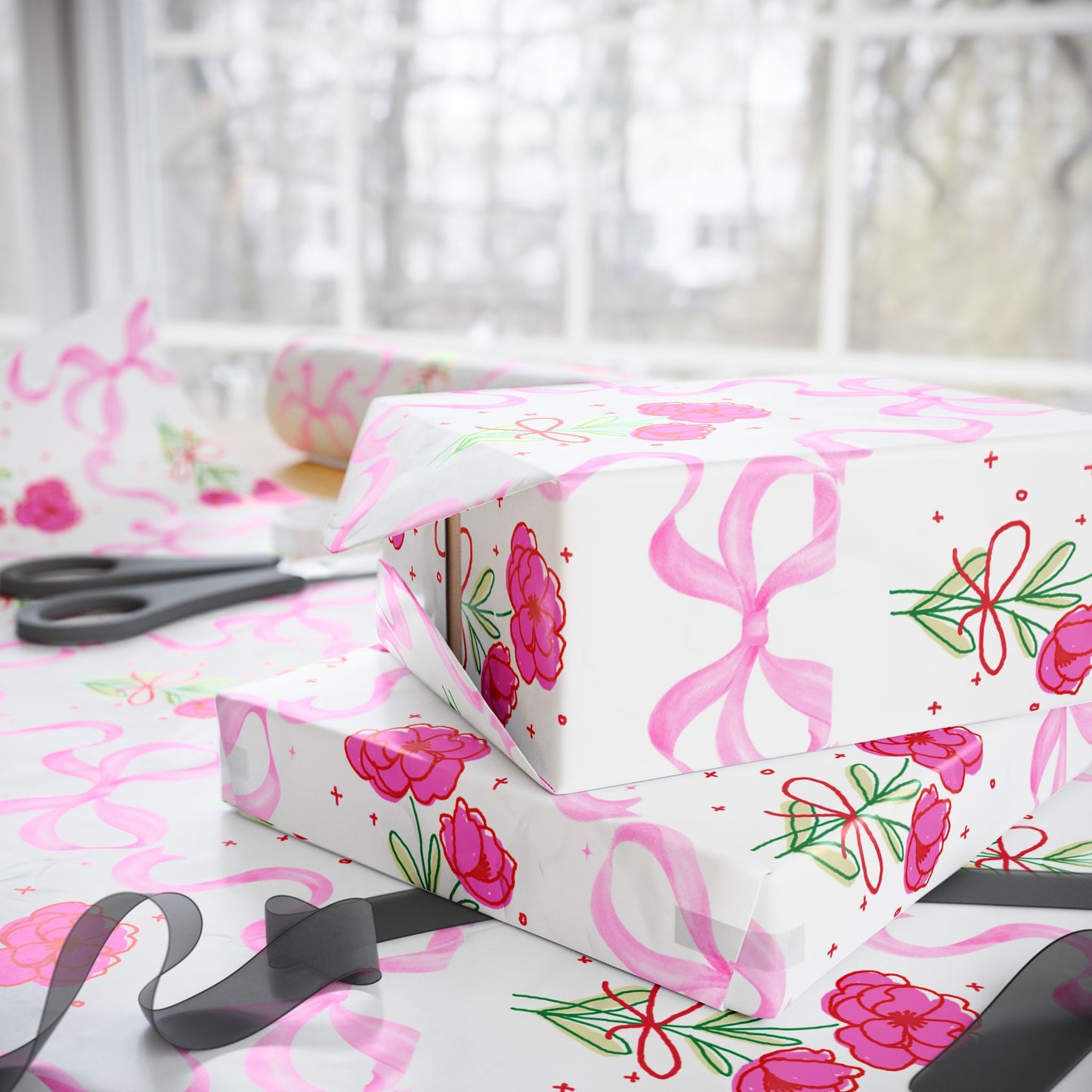 Pink Bows & Flower Wrapping Paper — Coquette Gift Wrap