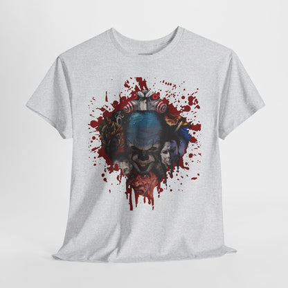 Halloween; Classic Horror Characters with Pennywise and Blood Splatter -- Unisex