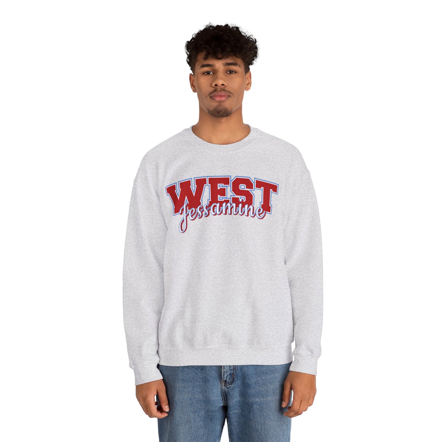 West Jessamine Cheer Crewneck Sweatshirt — Back ‘West Jessamine Cheer’ with Horse Logo - Unisex