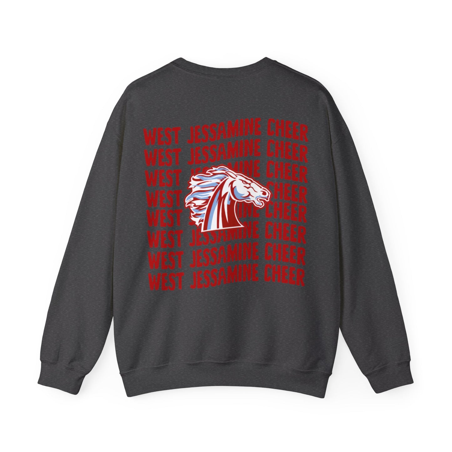 West Jessamine Cheer Crewneck Sweatshirt — Back ‘West Jessamine Cheer’ with Horse Logo - Unisex