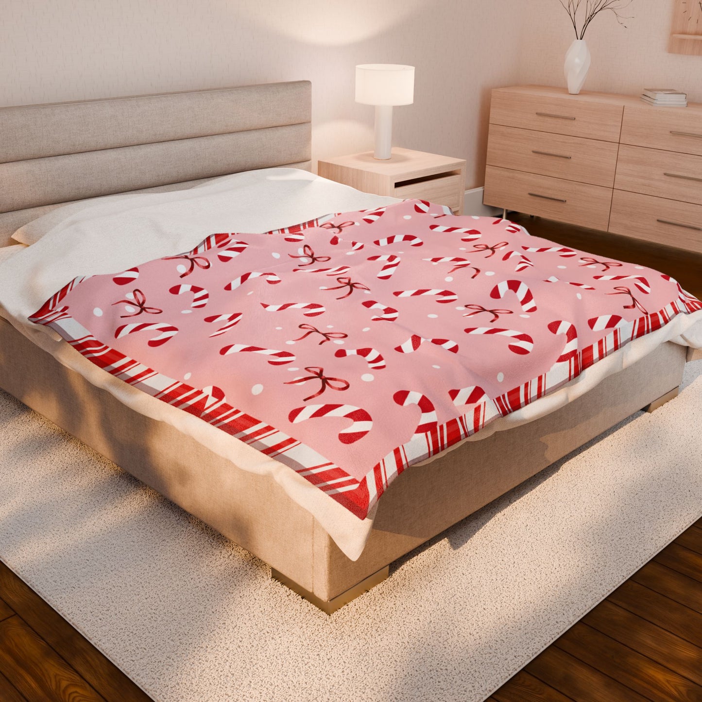 Candy Cane and Bow Pink Christmas Blanket