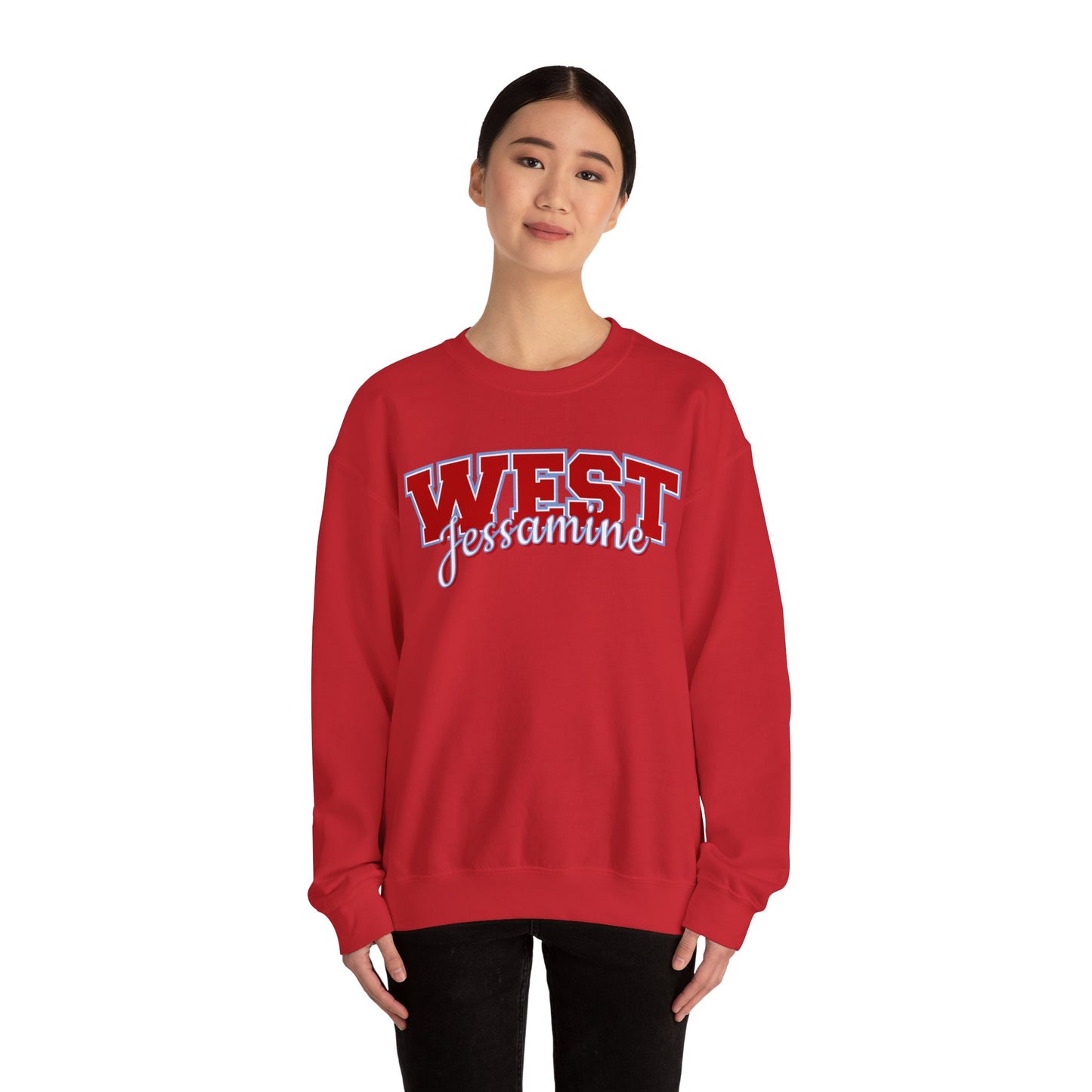 West Jessamine Cheer Crewneck Sweatshirt — Back ‘West Jessamine Cheer’ with Horse Logo - Unisex