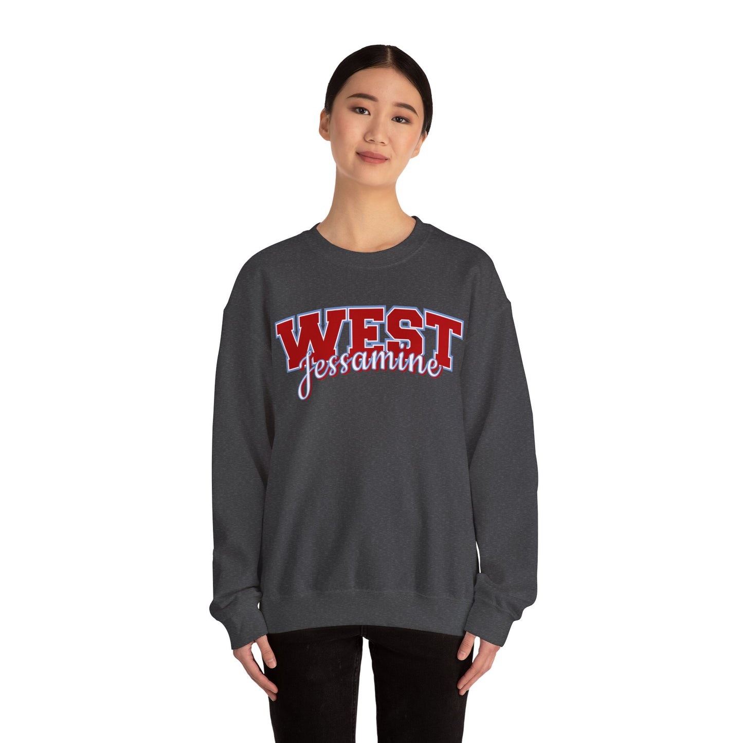 West Jessamine Cheer Crewneck Sweatshirt — Back ‘West Jessamine Cheer’ with Horse Logo - Unisex