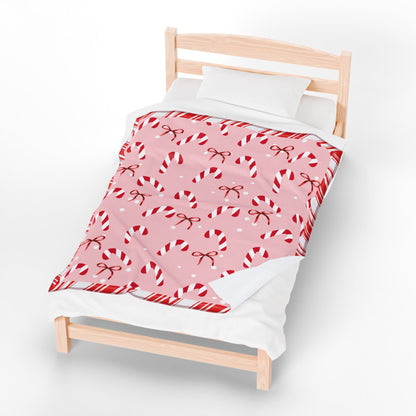 Candy Cane and Bow Pink Christmas Blanket