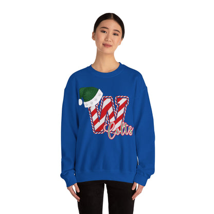 Candy Cane "W" with Green Santa Hat; Colts - Christmas Sweatshirt - Unisex