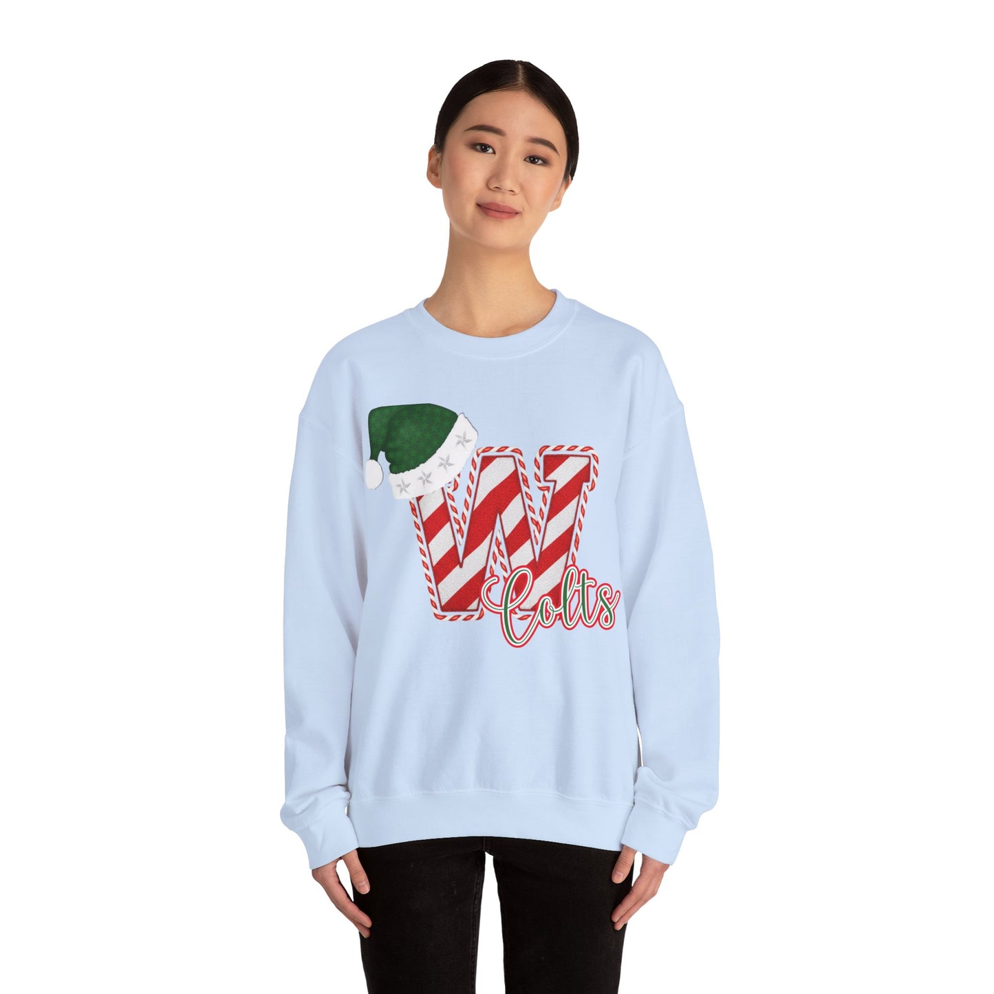 Candy Cane "W" with Green Santa Hat; Colts - Christmas Sweatshirt - Unisex