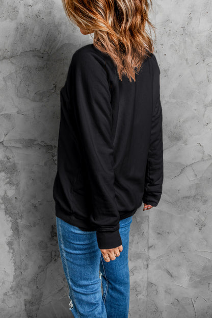 Black Game Day Chenille Bow Terry Flocking Drop Shoulder Sweatshirt