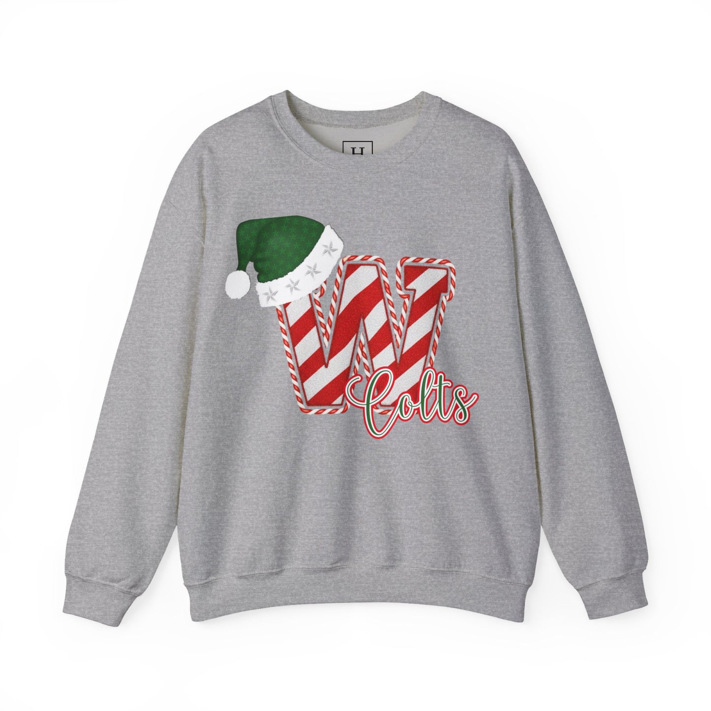 Candy Cane "W" with Green Santa Hat; Colts - Christmas Sweatshirt - Unisex