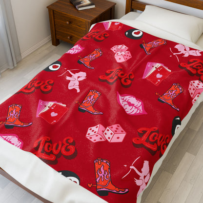 Valentine's Cowgirl Love Plush Blanket — Cupid, Cards & 8-Ball Design
