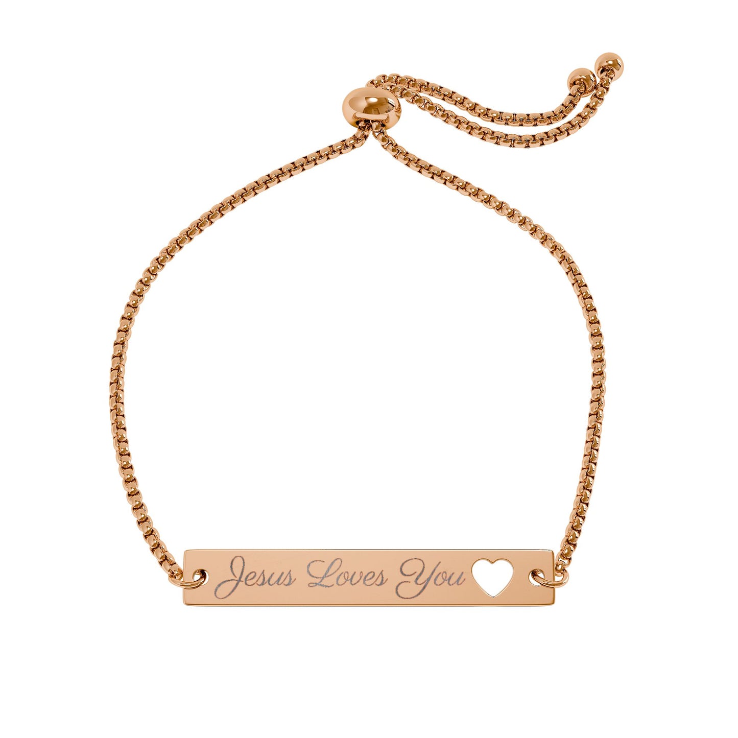 Jesus Loves You Engraved Heart Bar Bracelet — Adjustable Gold/Silver Personalized Gift