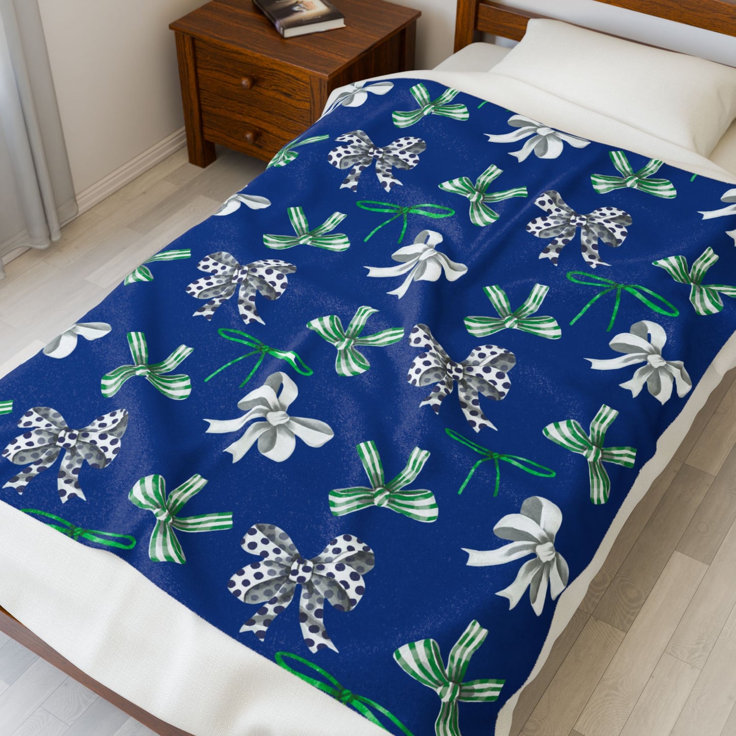 Green, White, and Blue Polka Dot Bow; Plush Blanket -- East Jessamine Colors