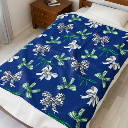 Green, White, and Blue Polka Dot Bow; Plush Blanket -- East Jessamine Colors