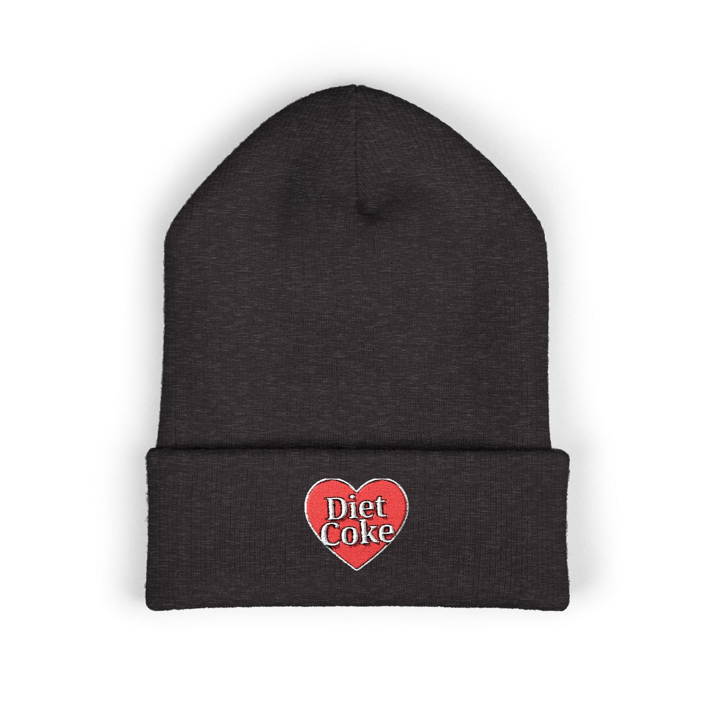 "Diet Coke" Heart Embroidered Cuffed Beanie — Classic Script Winter Hat