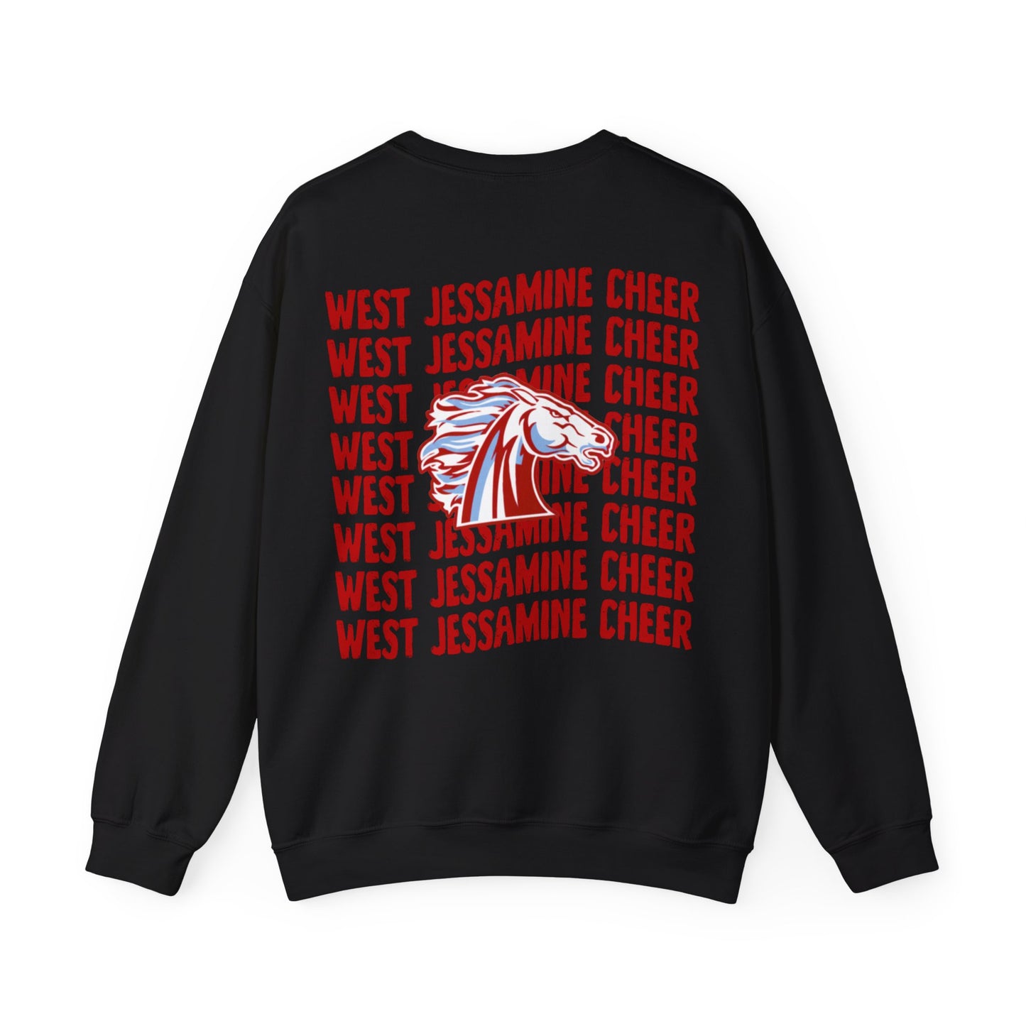 West Jessamine Cheer Crewneck Sweatshirt — Back ‘West Jessamine Cheer’ with Horse Logo - Unisex