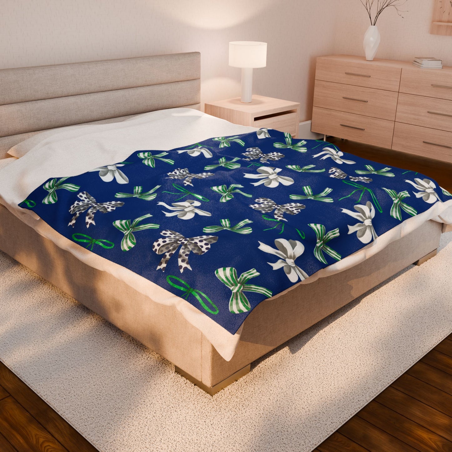 Green, White, and Blue Polka Dot Bow; Plush Blanket -- East Jessamine Colors