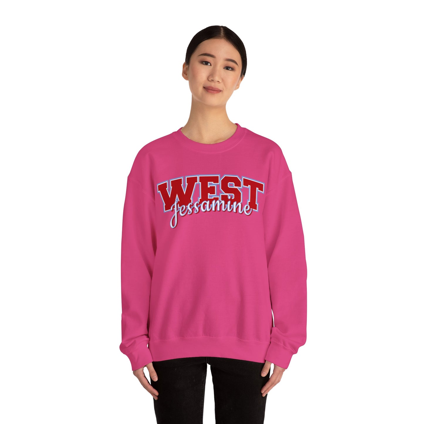 West Jessamine Cheer Crewneck Sweatshirt — Back ‘West Jessamine Cheer’ with Horse Logo - Unisex